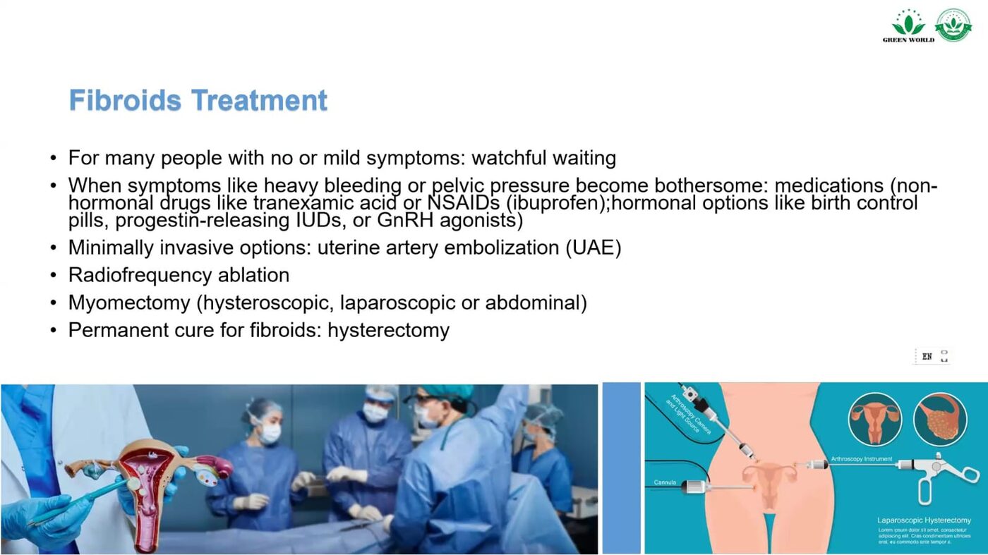 Surgical team performing a minimally invasive fibroid procedure, with a laparoscopic hysterectomy diagram