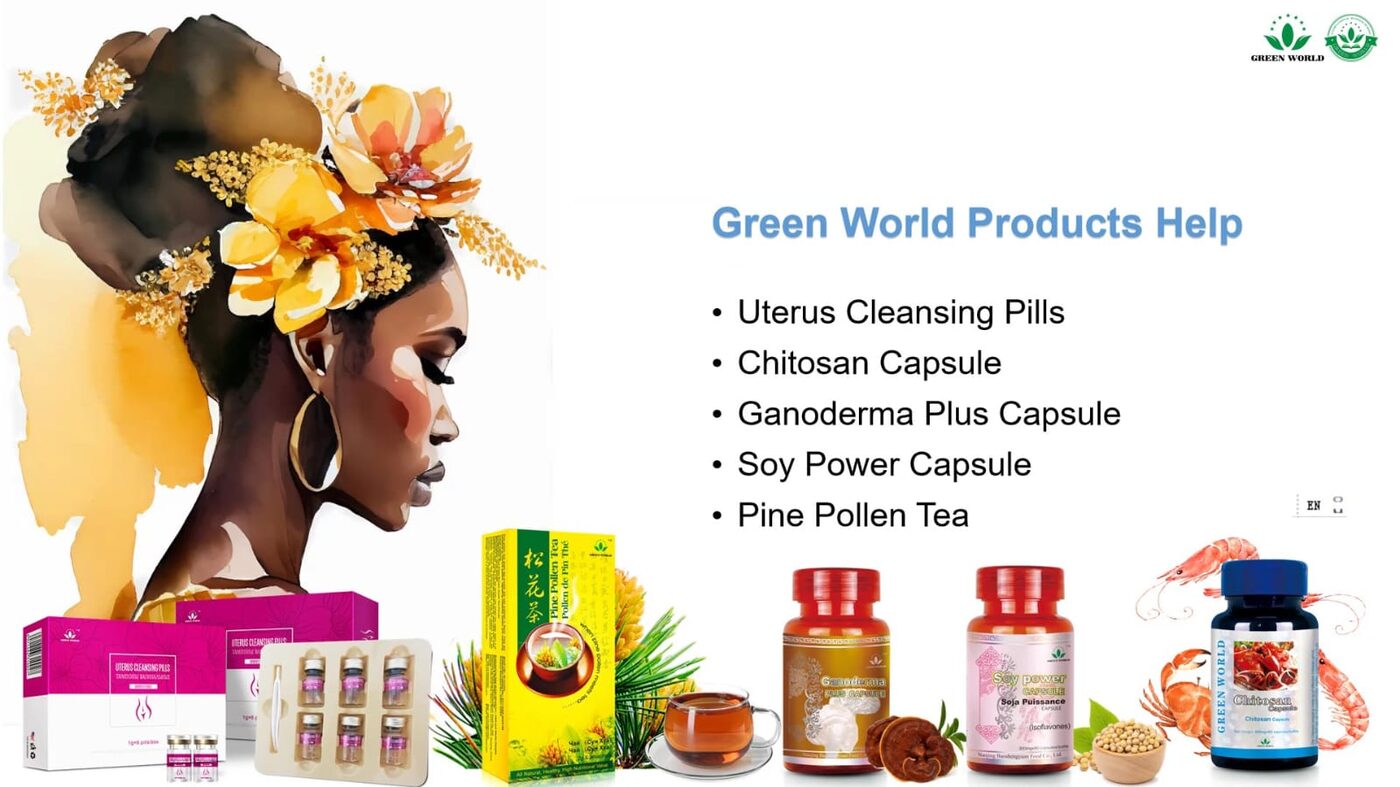 Green World products that support women's reproductive health: Uterus Cleansing Pills, Chitosan Capsule, Ganoderma Plus Capsule, Soy Power Capsule, Pine Pollen Tea